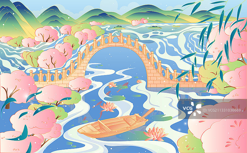 杭州西湖十景场景苏堤春晓拱桥矢量插画图片素材