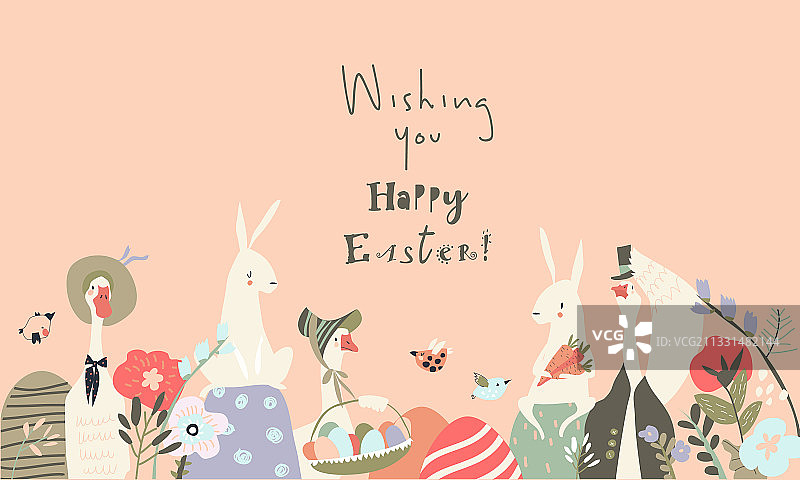 可爱的卡通兔子和鹅与复活节彩蛋图片素材