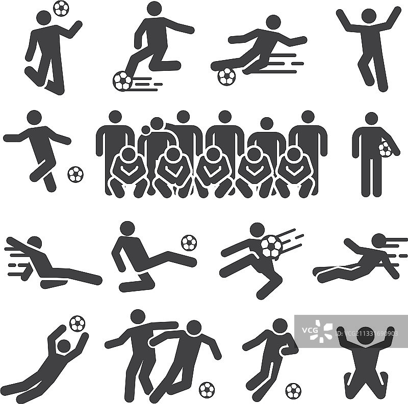 足球和足球运动员的行动固体图标设置图片素材