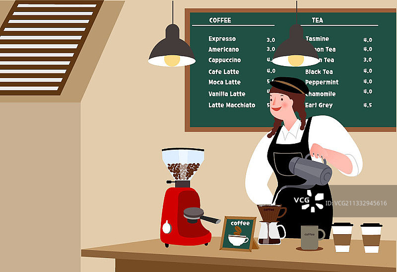 矢量插图的女咖啡师正在咖啡倒热水在咖啡馆图片素材