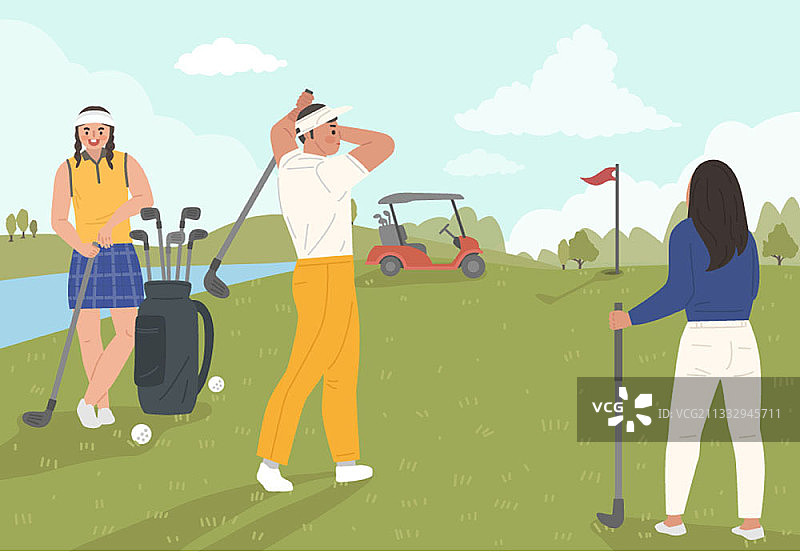 矢量插图三个人享受高尔夫球场图片素材