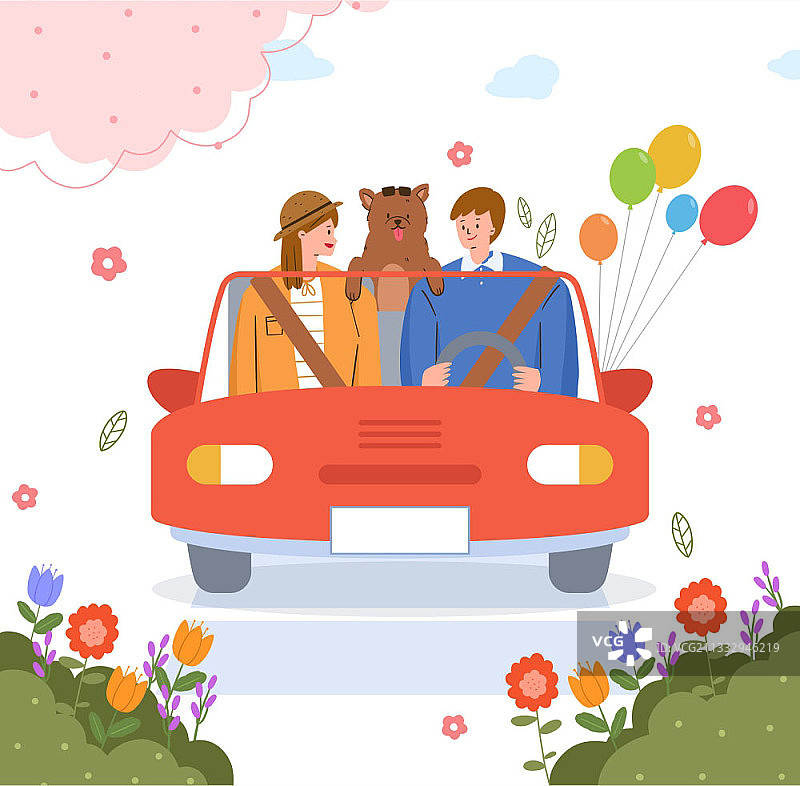 插图夫妇与小狗驾驶汽车在春天图片素材