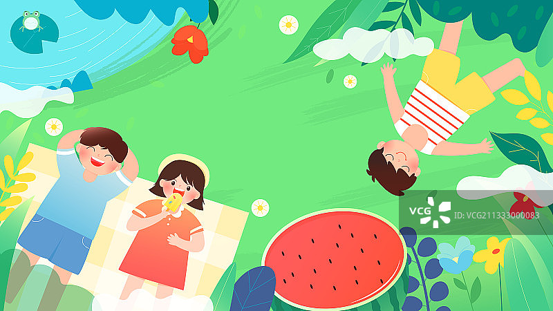 夏天三个可爱儿童躺在户外草地上玩耍矢量插画横图图片素材