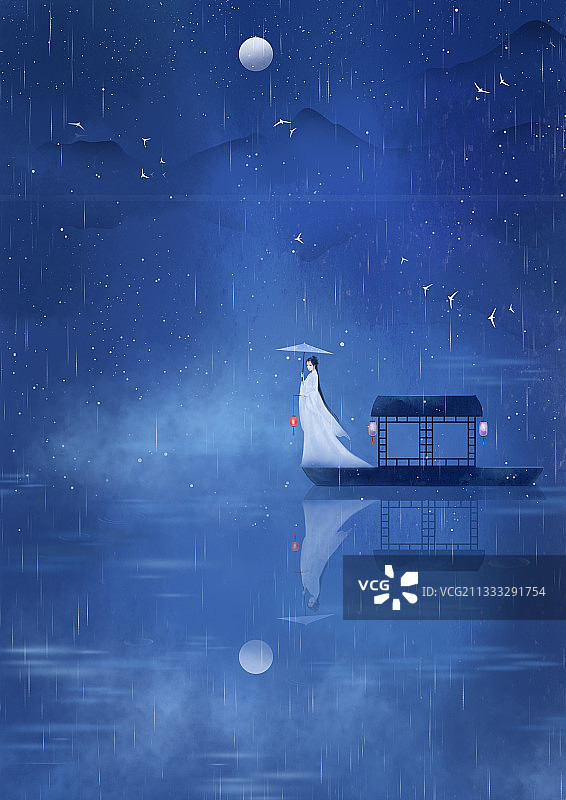 国风意境插画夜晚小舟上提灯的白衣少女图片素材