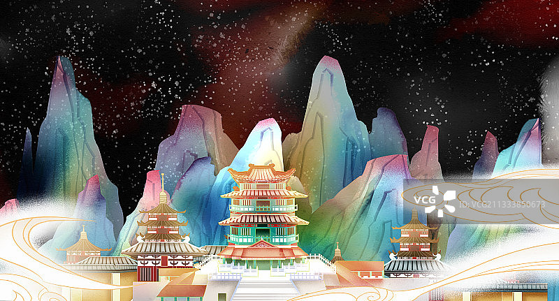 中国风建筑插画背景图片素材