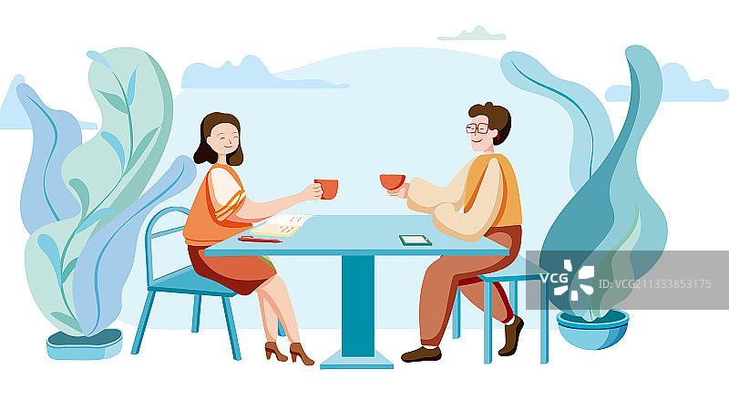 一个男生和一个女生坐在桌前谈话矢量插画图片素材