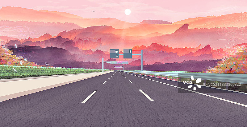 早晨太阳升起，一条公路穿过森林插画背景图片素材