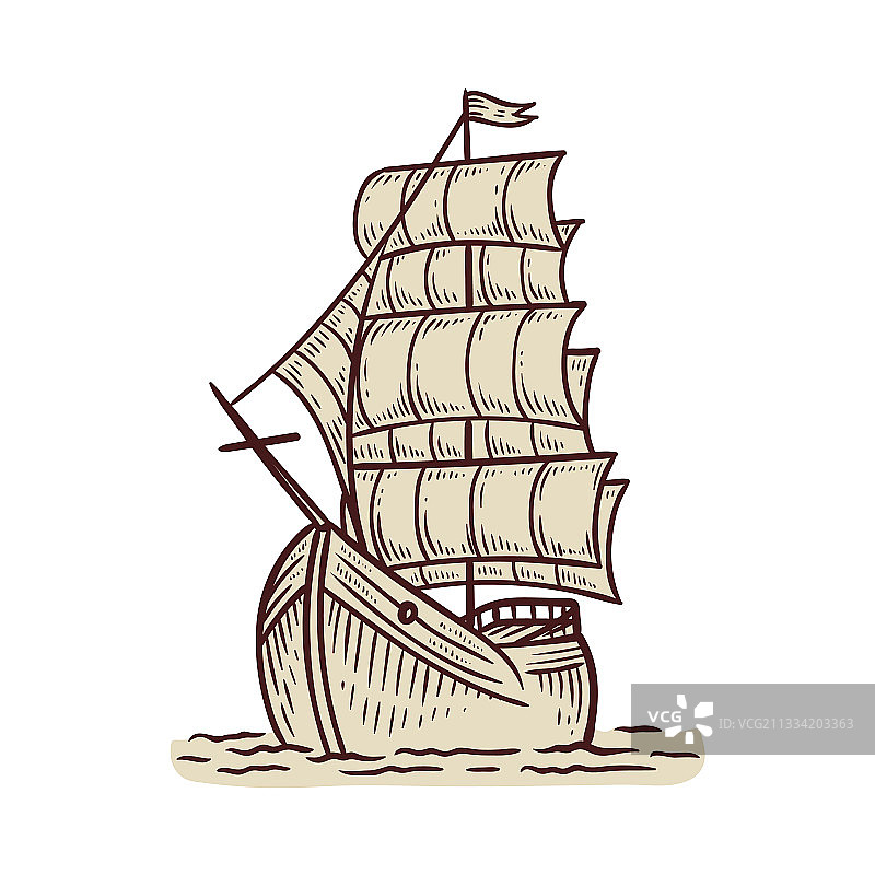 古旧的海帆船一幅素描孤立图片素材
