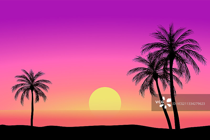 美丽的热带海滩日落与棕榈树ve图片素材