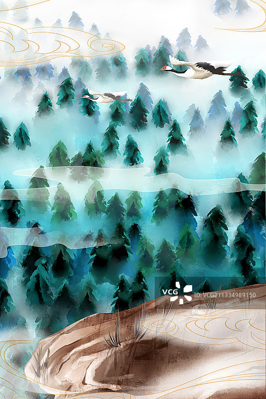 中国风绿色水彩树林插画背景图片素材