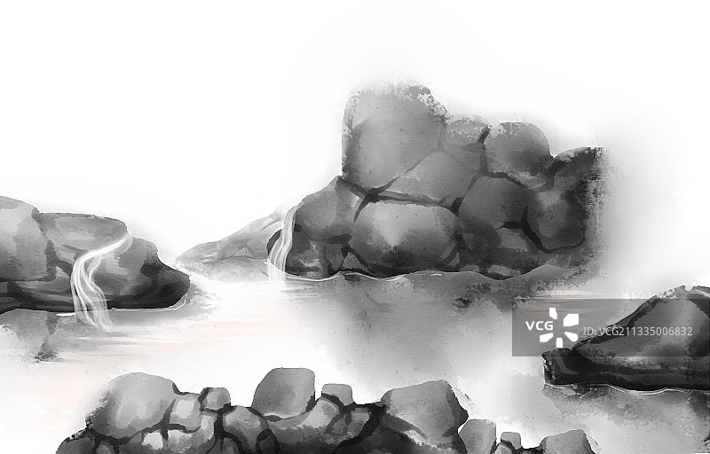 中国风水彩岩石插画元素图片素材
