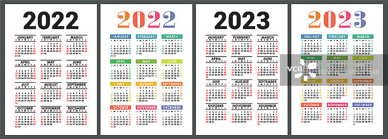 日历2022年和2023年英语彩色设置图片素材