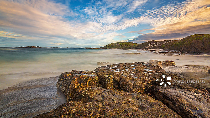 日落时的海景，瀑布海滩，西澳大利亚，澳大利亚图片素材