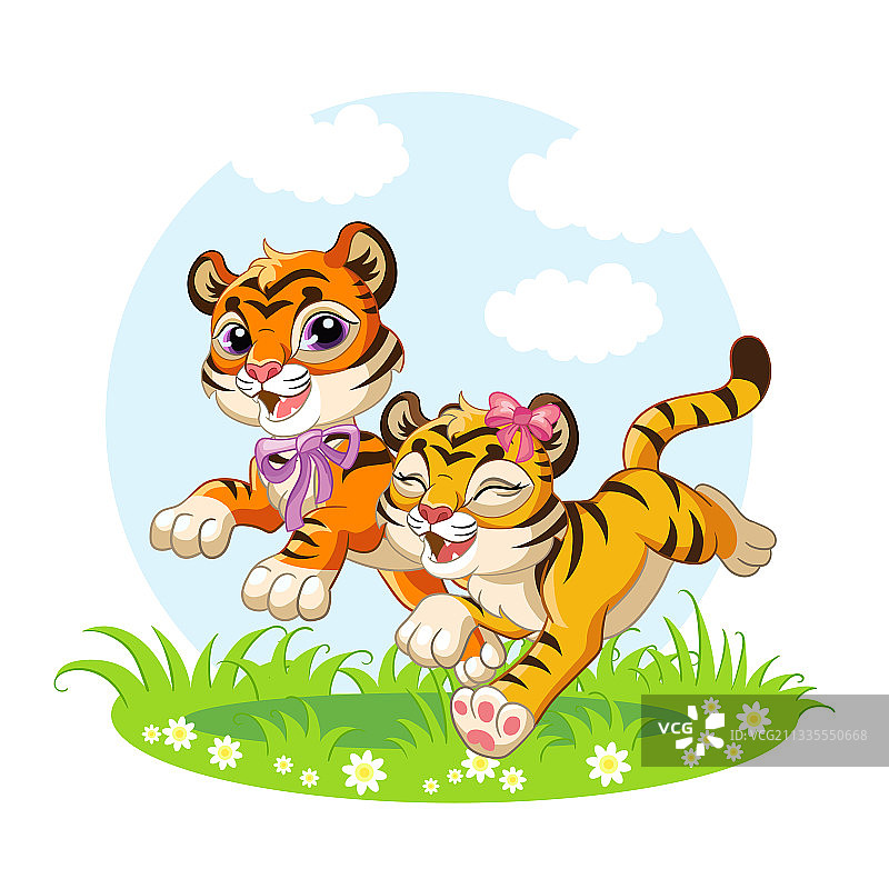 可爱的卡通小老虎在草地上奔跑图片素材