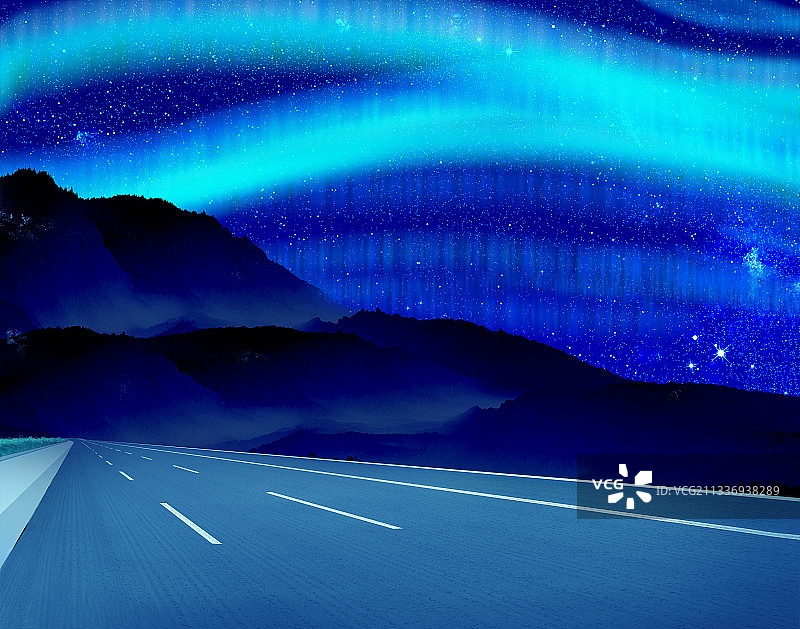 夜晚森林里的一条公路通向远方插画背景图片素材