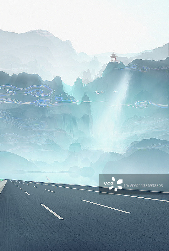 中国风的森林山川里有一条公路通向远方插画图片素材