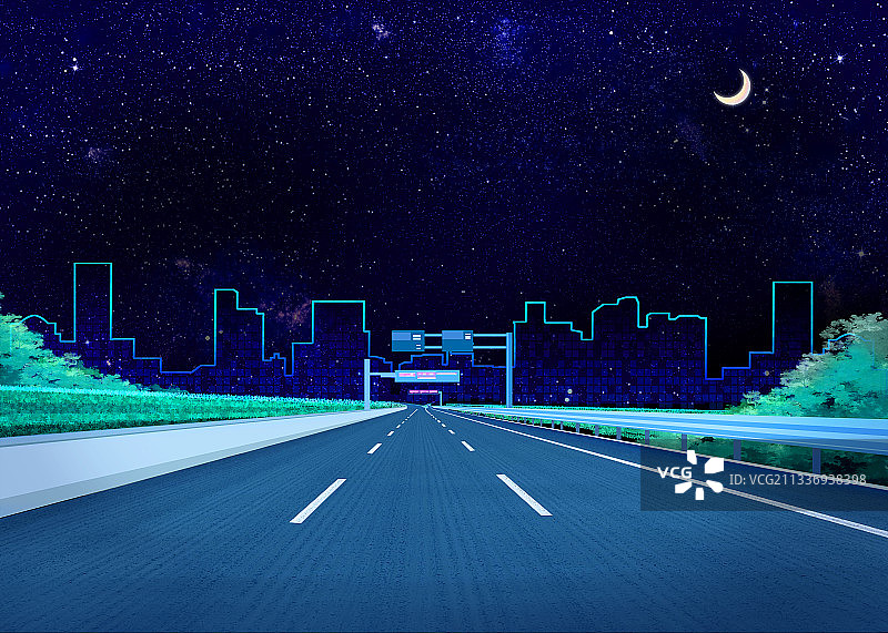 夜晚漆黑的城市里一条公路通向远方插画图片素材