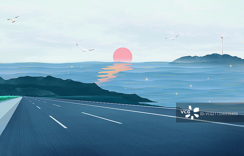 海边有一条公路通向远方插画背景图片素材