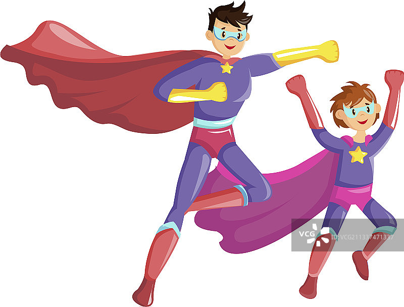 超级英雄的父亲和儿子一起飞在超级图片素材