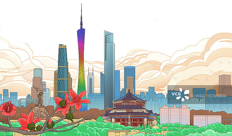 广州地标建筑广州塔五羊雕像珠江新城CBD插画图片素材