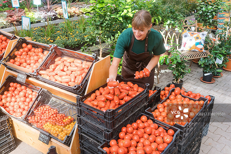 用板条箱卖西红柿和蔬菜的园丁图片素材