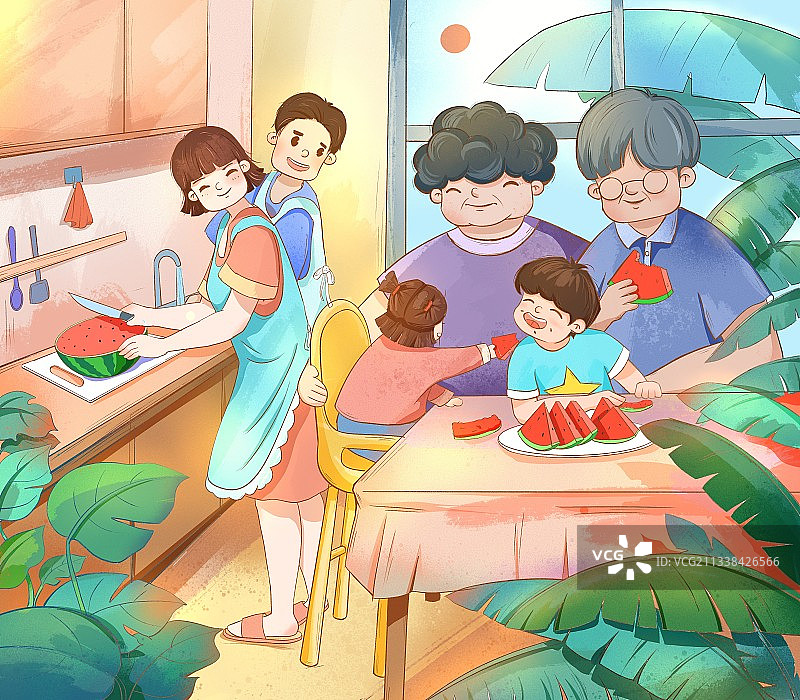 夏季一家人温馨吃西瓜图片素材
