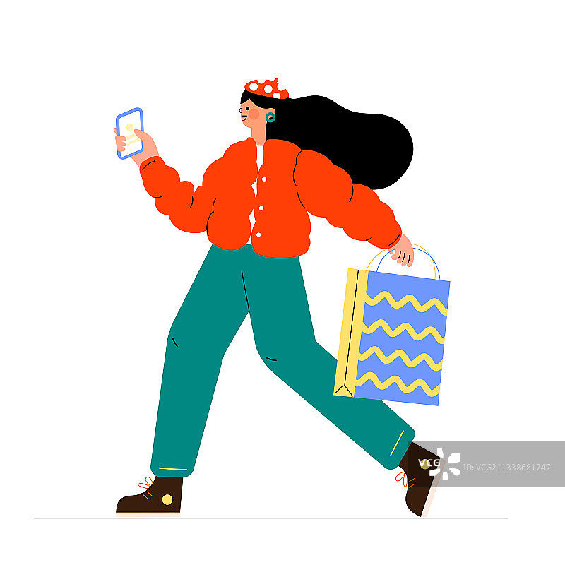 女孩拿着购物袋和手机行走矢量人物插画元素图片素材
