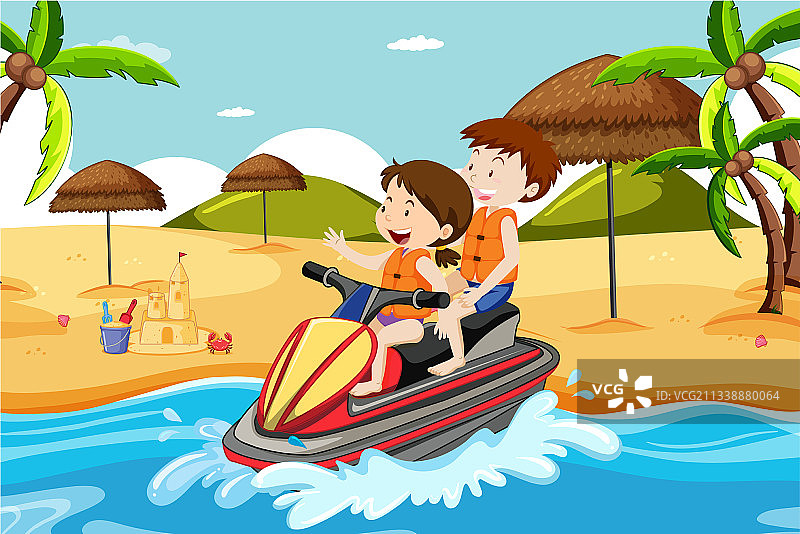 孩子们驾驶水上摩托艇的海滩场景图片素材