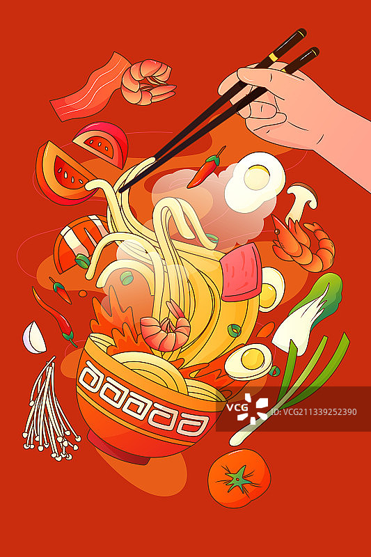手拿筷子夹起拉面中国风矢量插画海报竖图图片素材