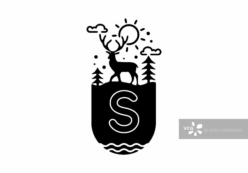 黑色线条艺术鹿徽章与s的初始名称图片素材