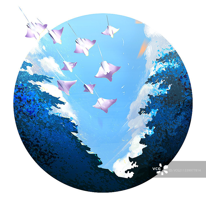 手绘飞翔的鱼梦幻风格插画图片素材