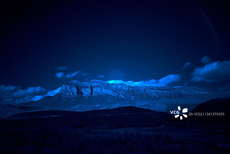 西班牙，韦斯卡，索布拉贝，雪山在夜晚的天空下的风景图片素材