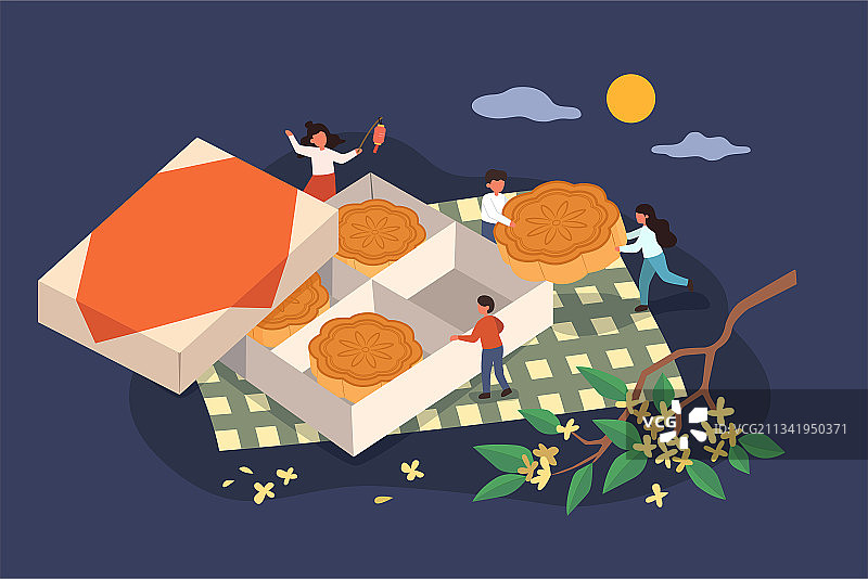 微型人物开箱月饼盒 中秋佳节平面插图图片素材