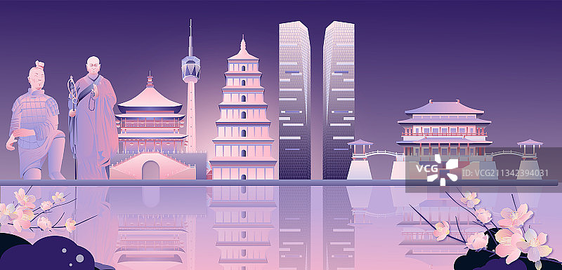 西安地标建筑群矢量插画紫粉图片素材