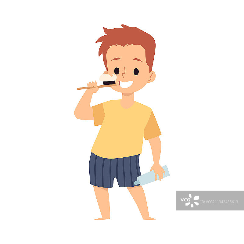 卡通小男孩用牙刷刷牙图片素材