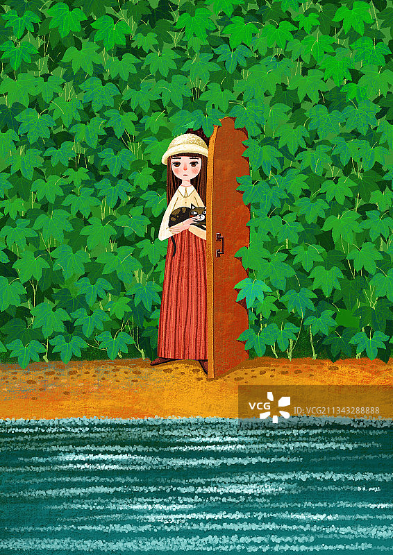 人物插画系列-藤蔓植物门前抱着猫的女孩图片素材