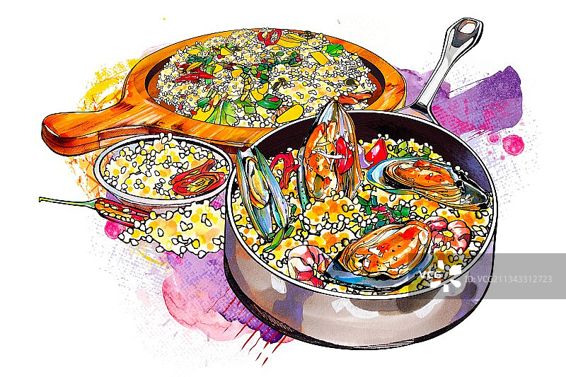 非洲特色美食小吃 小米 北非古斯米 美食手绘插画 海鲜烩饭图片素材