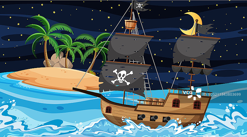 动画片中的海盗船夜景图片素材