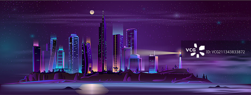 城市海湾岸边的灯塔漫画图片素材