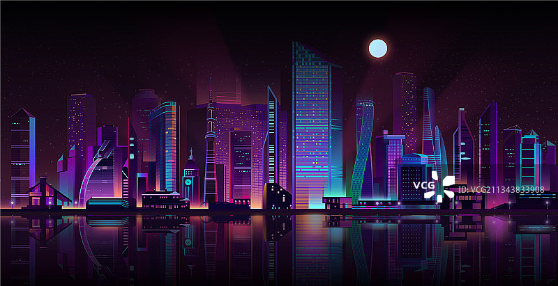 都市夜景霓虹灯卡通图片素材