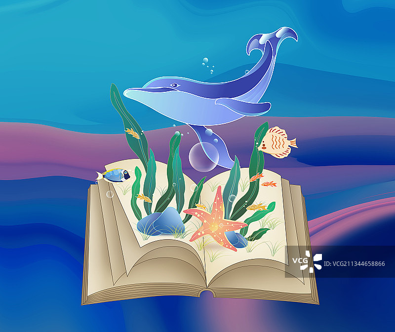 打开的书本上是海底生物插画图案图片素材