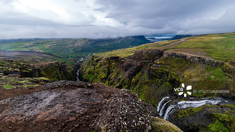 冰岛格里默瀑布，天空衬托下的风景图片素材