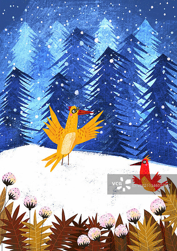 儿童插画扁平动物风格-森林里金色的鸟图片素材