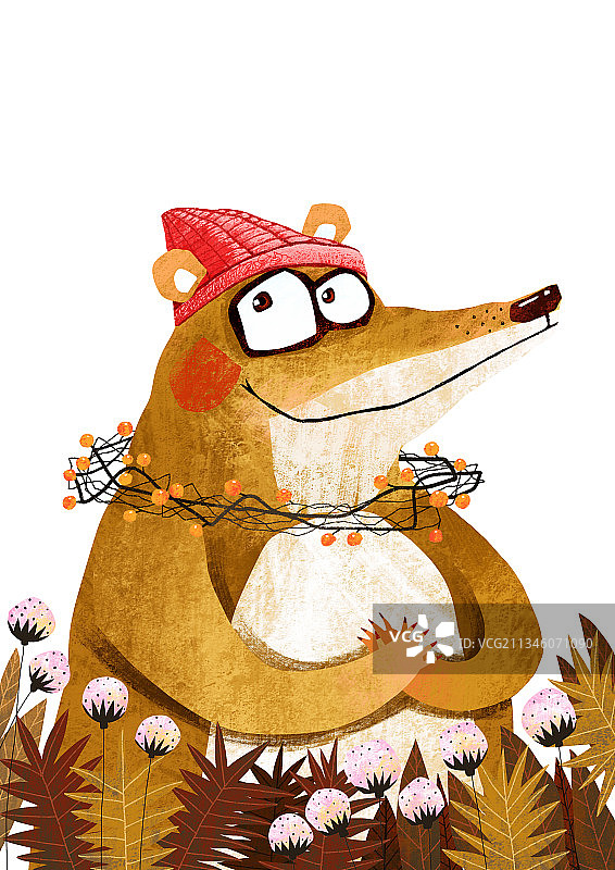 儿童插画扁平动物风格-带着圣诞帽的熊图片素材