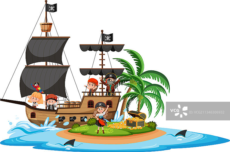 岛上有一艘海盗船，船上有许多被孤立的孩子图片素材