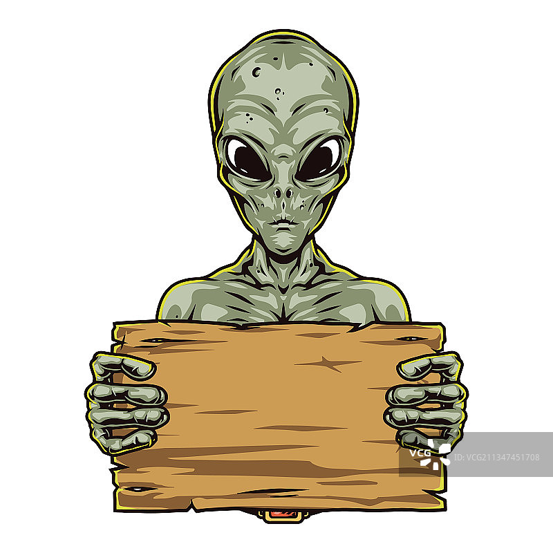 绿色外星人手持空白木板图片素材