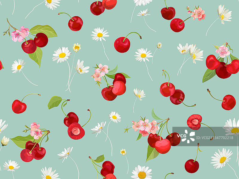 水彩樱桃无缝图案夏季浆果图片素材