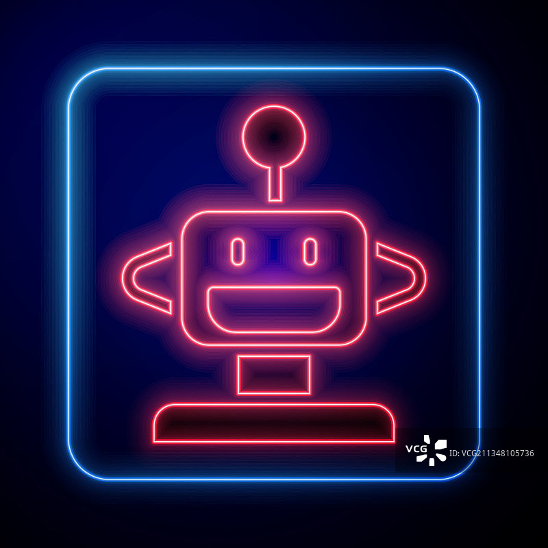 发光的霓虹灯机器人玩具图标孤立在黑色图片素材