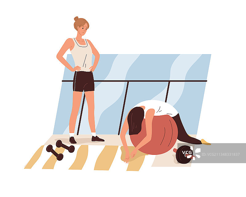 疲惫不堪的女人在健身房锻炼时虚弱无力图片素材