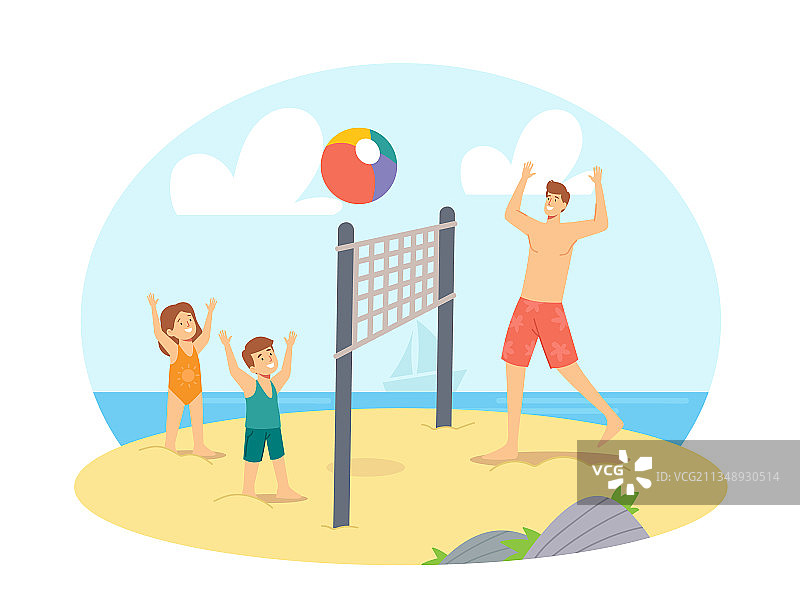爸爸和孩子们在玩沙滩排球图片素材